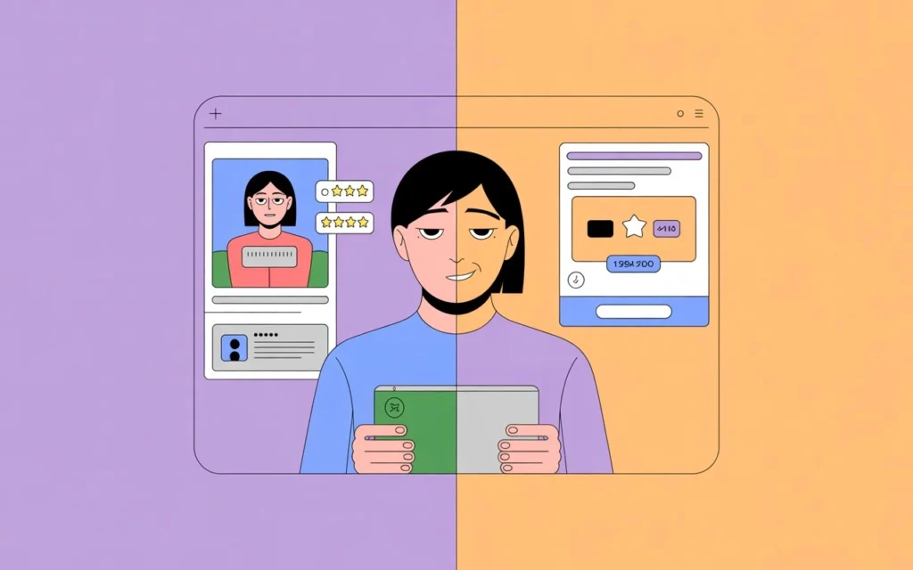 Split screen showing the impact of digital ads by a freelance digital marketer in Trivandrum. bored user on one side, engaged and smiling user on the other viewing a high-converting campaign